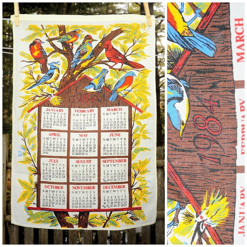 VTG 1984 Calendar Tea Towel Birdhouse & Summer Birds Cardinal Blue Jay Nuthatch
